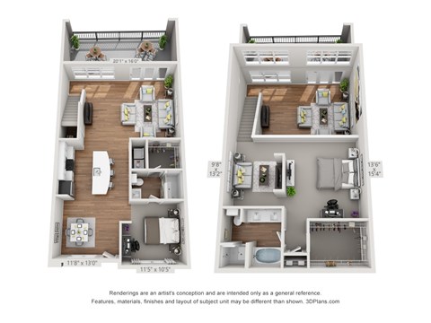Floor plan for 1 bed, 2 baths, 1519 sqft